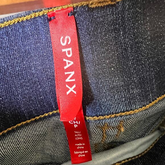 Spanx Jeans Womens Size Small Tall Blue Bootcut Flare Raw Hem Midnight Shade - Picture 2 of 16